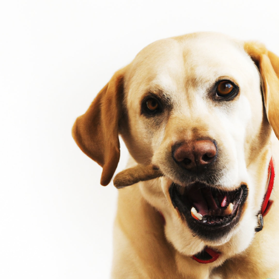 Witte Labrador die kauwt aan een natuurlijke hondensnack.