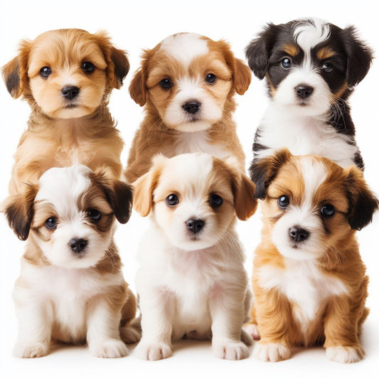 Allemaal puppies die schattig kijken omdat ze een snack willen hebben