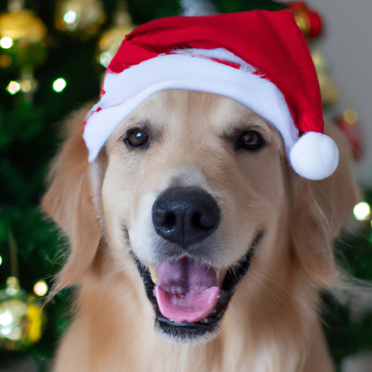 Golden Retriever met een kerstmuts op.