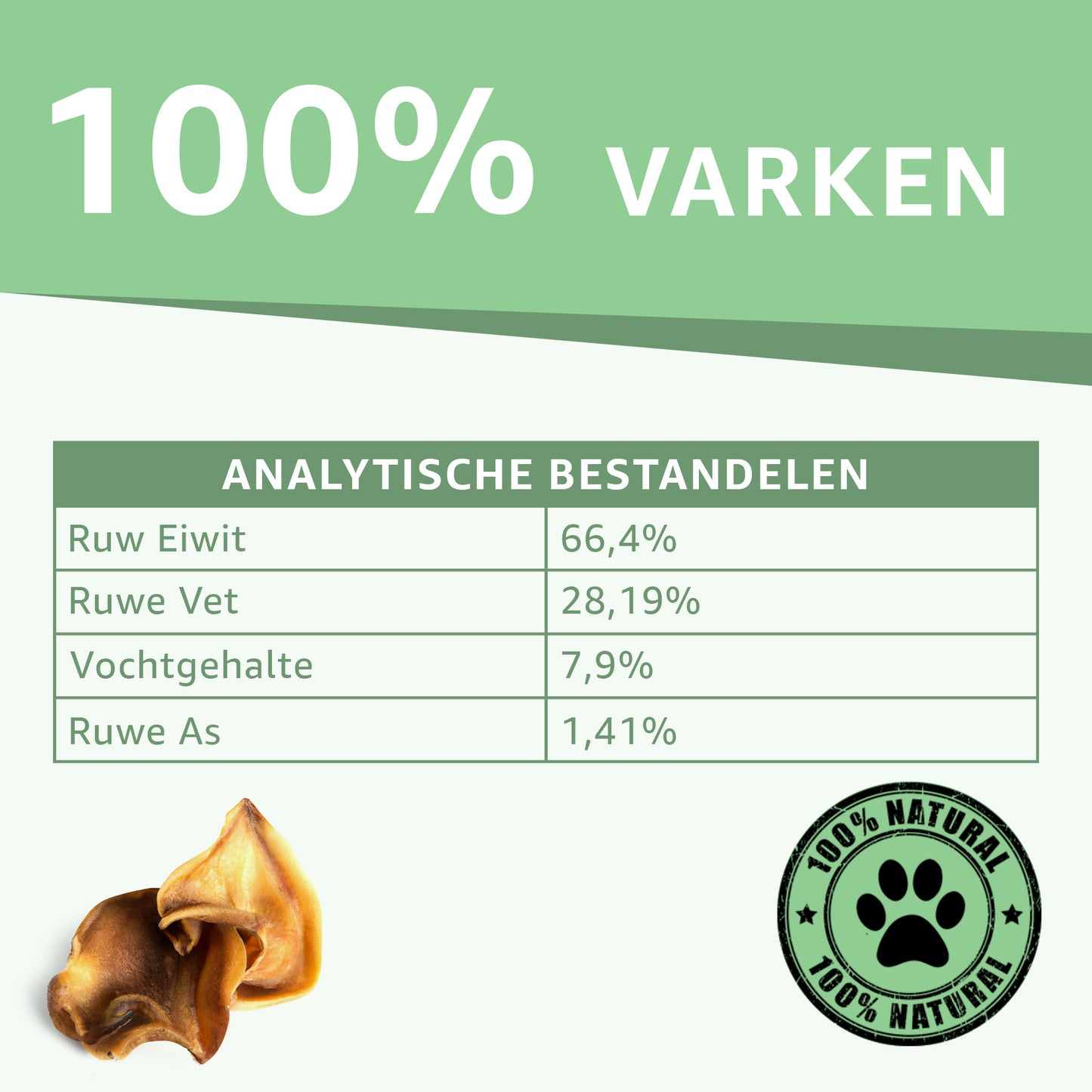 "Analytische Bestandsdelen Varkensoren Snacks: Voedingsinformatie en samenstelling onthuld. Natuurlijke eiwitbron, vrij van toevoegingen. Ideale keuze voor gezonde en smakelijke hondensnacks."