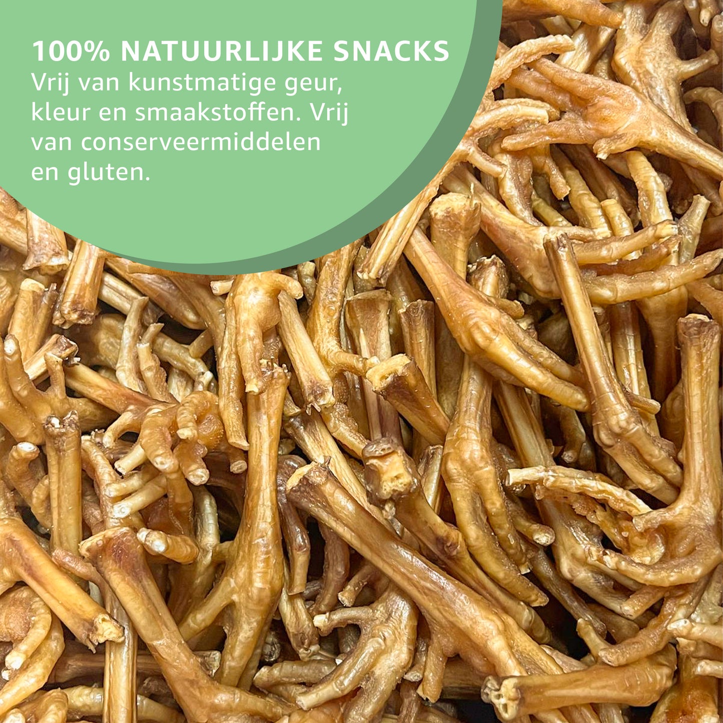 "Gedroogde Kippenpoten: Natuurlijke hondensnacks in gedroogde staat. Geen extra stoffen, enkel onvervalst kauwplezier en tevredenheid."
