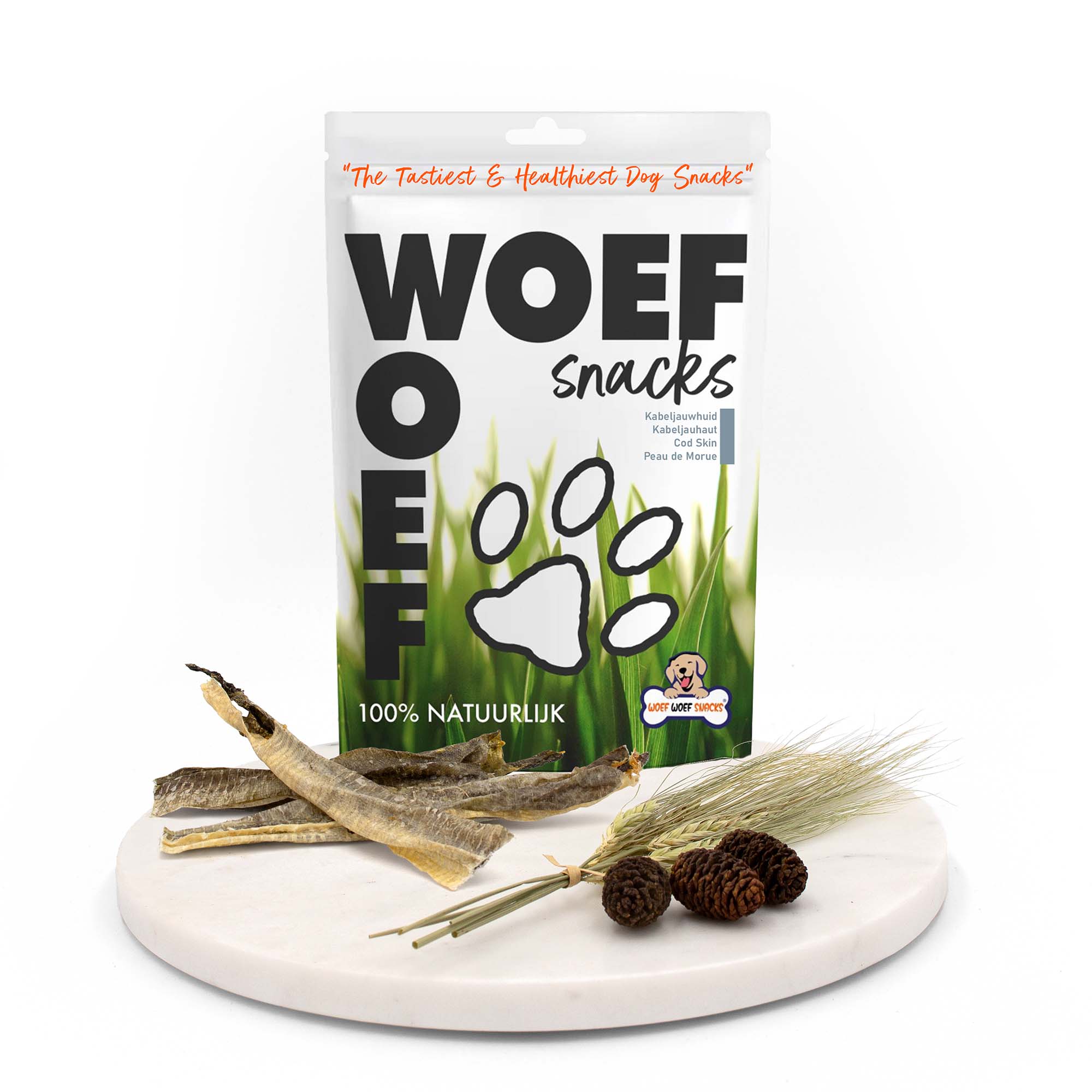 Kabeljauwhuid van Woef Woef Snacks is een 100% natuurlijke vis snack voor honden.
