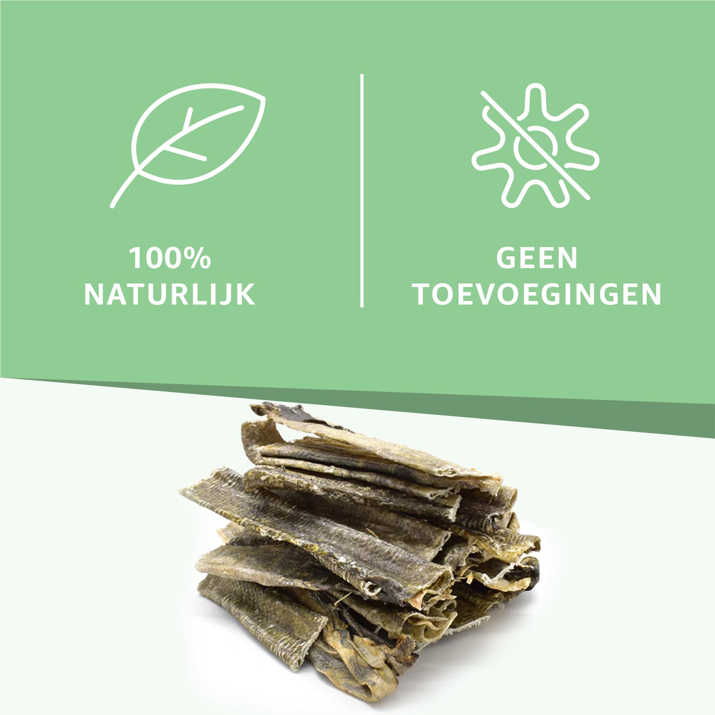 Kabeljauwhuid voor de hond 100% natuurlijke hondensnack. Bevat geen toevoegingen.