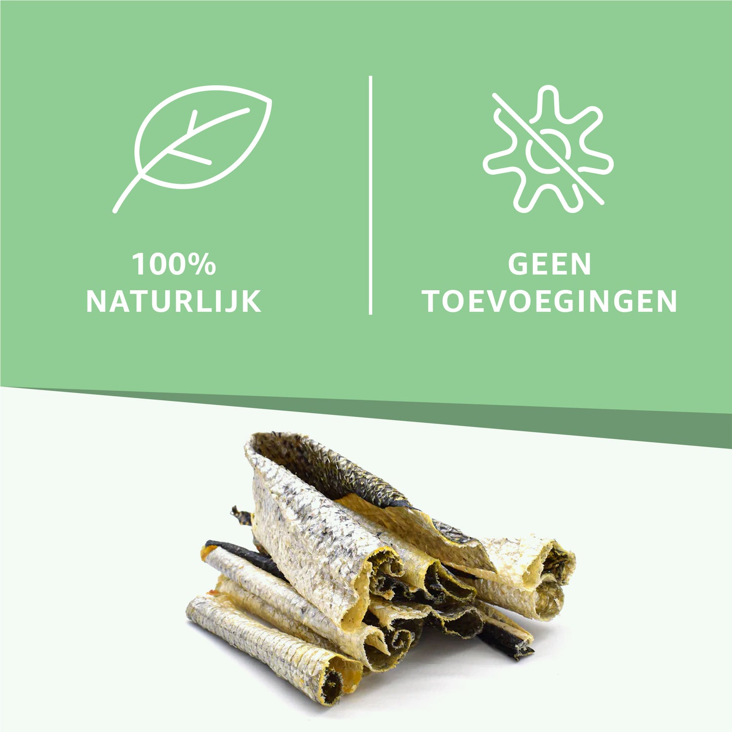 Infographic van 100% natuurlijke hondensnack zalmhuid zonder toevoegingen.