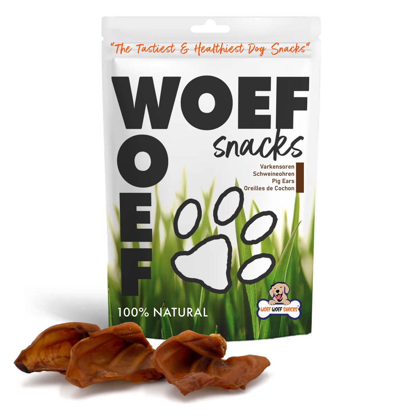 Natuurlijk gedriigde varkensoren. De lekkerste van de Wereld zijn van Woef Woef Snacks.