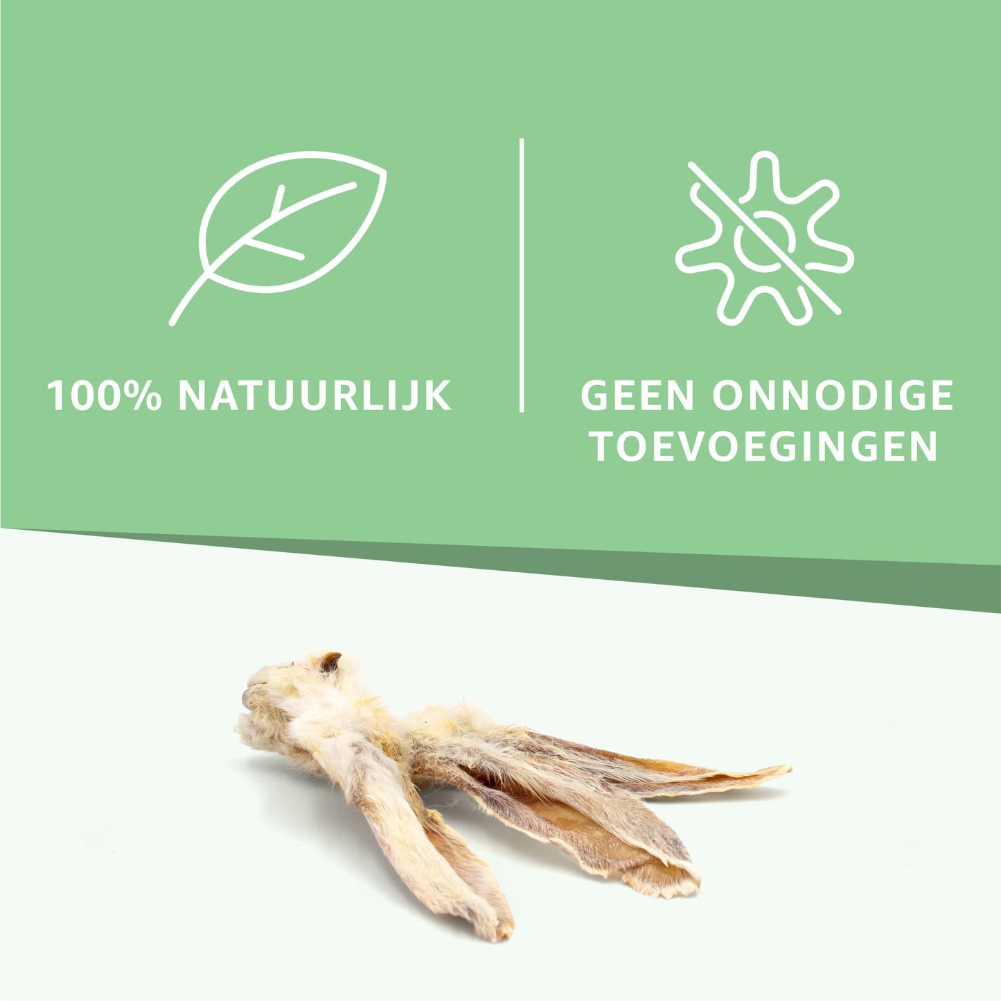 "Voedzame Konijnenoren met Haar Hondensnacks: Natuurlijke en smakelijke keuze voor je hond. Rijk aan eiwitten, bevordert kauwplezier en ondersteunt tandgezondheid."