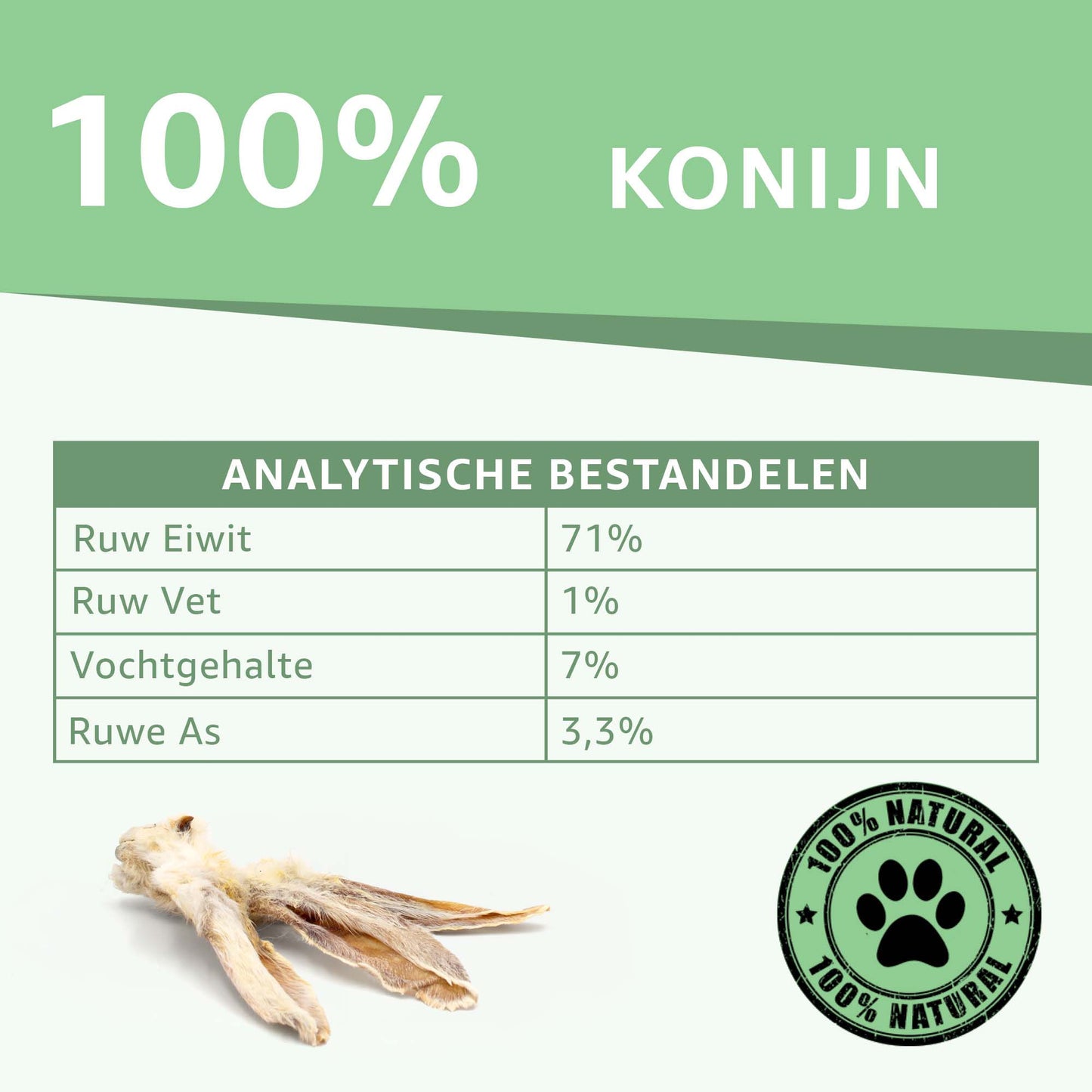 "Analytische Bestandsdelen Konijnenoren met Haar: Voedzame informatie onthuld. Hoog eiwitgehalte, geen extra ingrediënten. De ideale keuze voor gezonde en smakelijke hondensnacks."