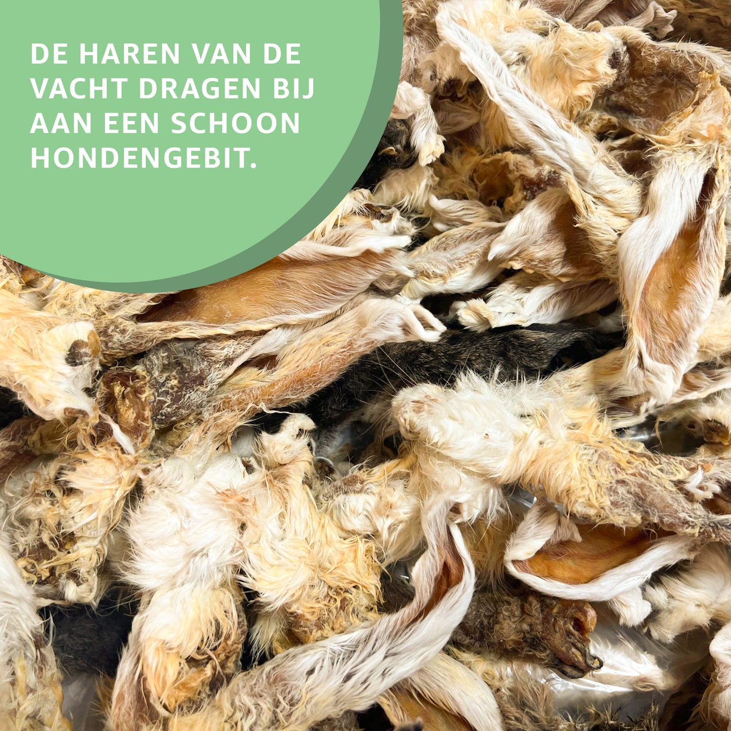 "Gedroogde Konijnenoren met Haar: Natuurlijke hondensnacks in gedroogde vorm. Geen toegevoegde stoffen, puur kauwplezier en tevredenheid gegarandeerd."
