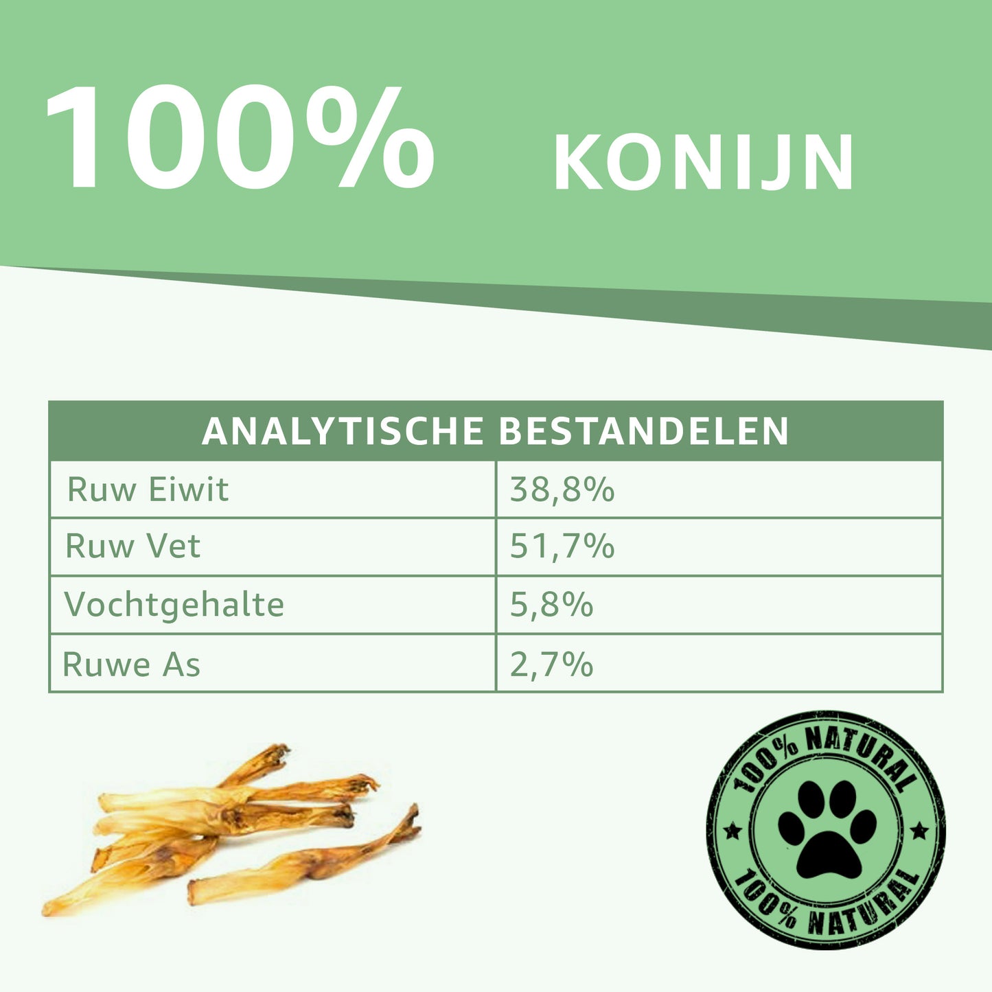 "Analytische Bestandsdelen Konijnenoren zonder Haar: Voedzame informatie onthuld. Hoog eiwitgehalte, geen extra toevoegingen. De perfecte keuze voor gezonde en heerlijke hondensnacks."