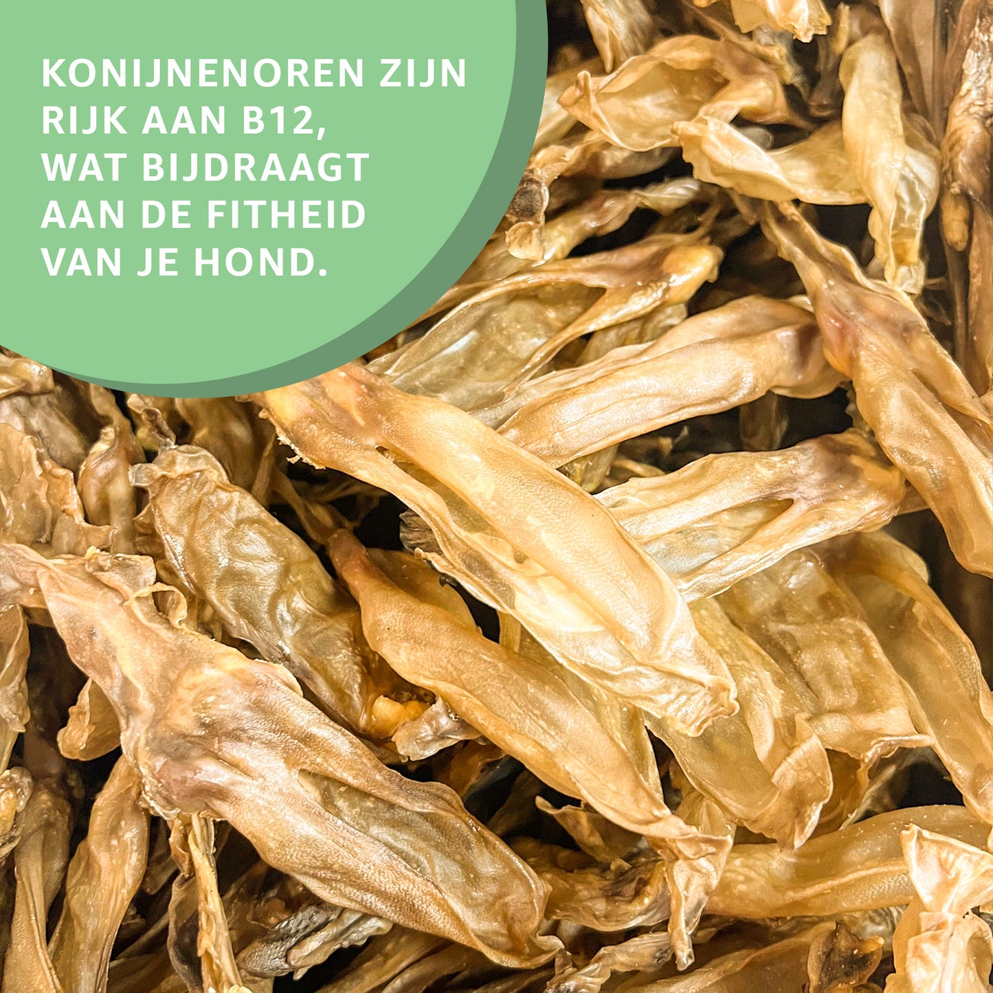 "Gedroogde Konijnenoren zonder Haar: Natuurlijke hondensnacks in gedroogde vorm. Zonder toegevoegde stoffen, puur kauwplezier en tevredenheid gegarandeerd."
