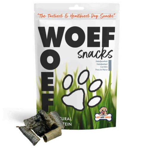 Kabeljauwhuid van Woef Woef Snacks is een 100% natuurlijke vis snack voor honden.