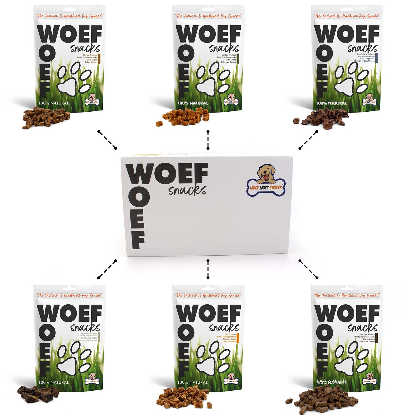 Verschillende zakken hondentrainers die in de Trainers Snackbox zitten.