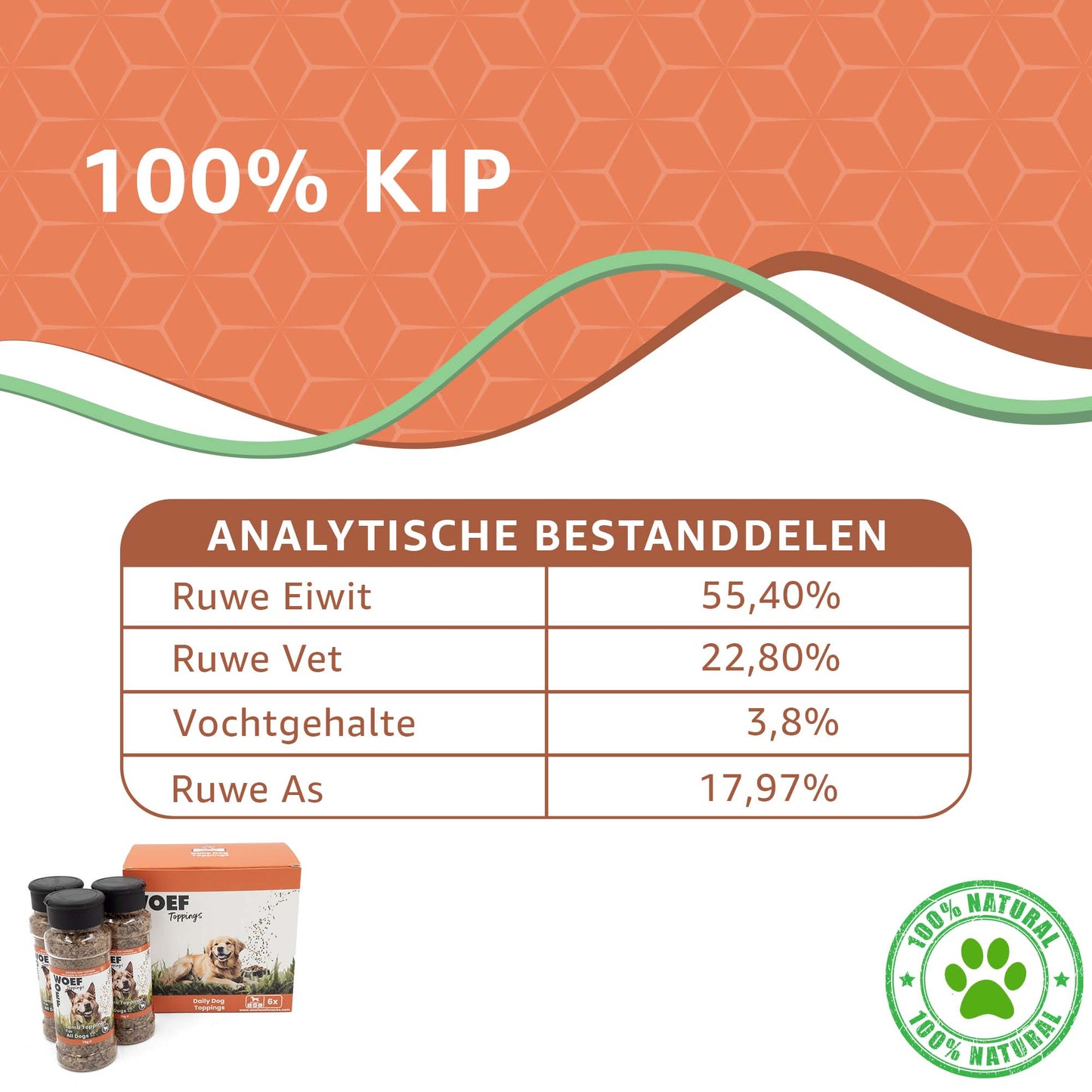 100% Kip, Analytische bestanddelen: Ruwe Eiwit 55,40%, Ruwe Vet 22,80%, Vochtgehalte 3,8%, Ruwe As 17.97%