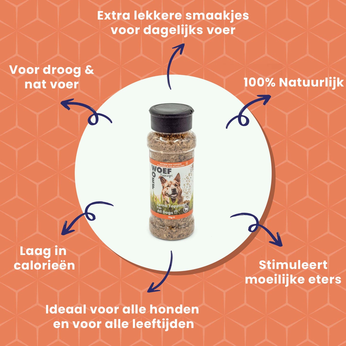 Flesje Woef Woef Hondenvoer Toppings – Lams Smaak, 75 g. 100% natuurlijke toevoeging, graanvrij, zonder kunstmatige toevoegingen; om over nat- of droogvoer te strooien en elke maaltijd extra smaak te geven.
