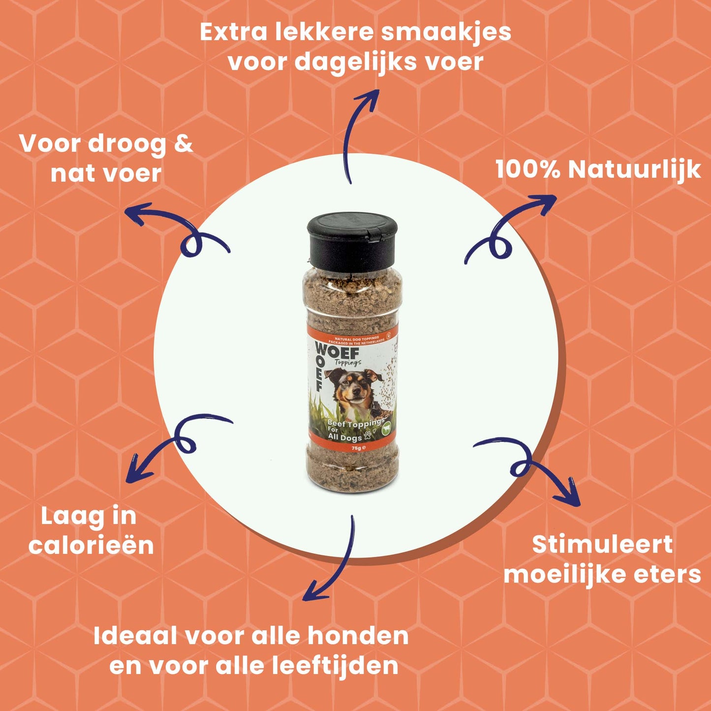 Flesje Woef Woef Hondenvoer Toppings – Lams Smaak, 75 g. 100% natuurlijke toevoeging, graanvrij, zonder kunstmatige toevoegingen; om over nat- of droogvoer te strooien en elke maaltijd extra smaak te geven.