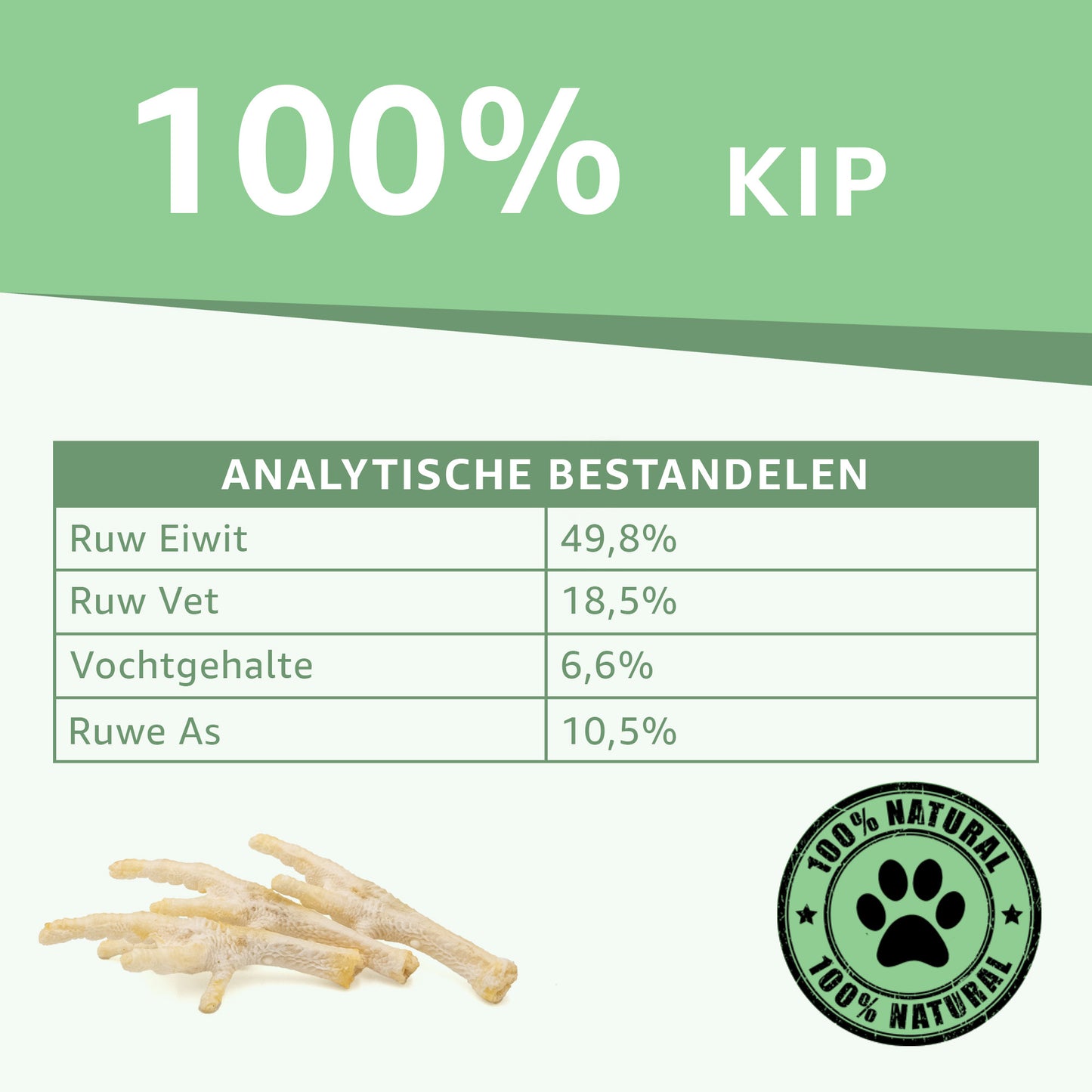 100% Kip
Analytische Bestanddelen
Ruw Eiwit 49,9%
Ruw Vet 18,5%
Vochtgehalte 6,6%
ruwe As 10,5%