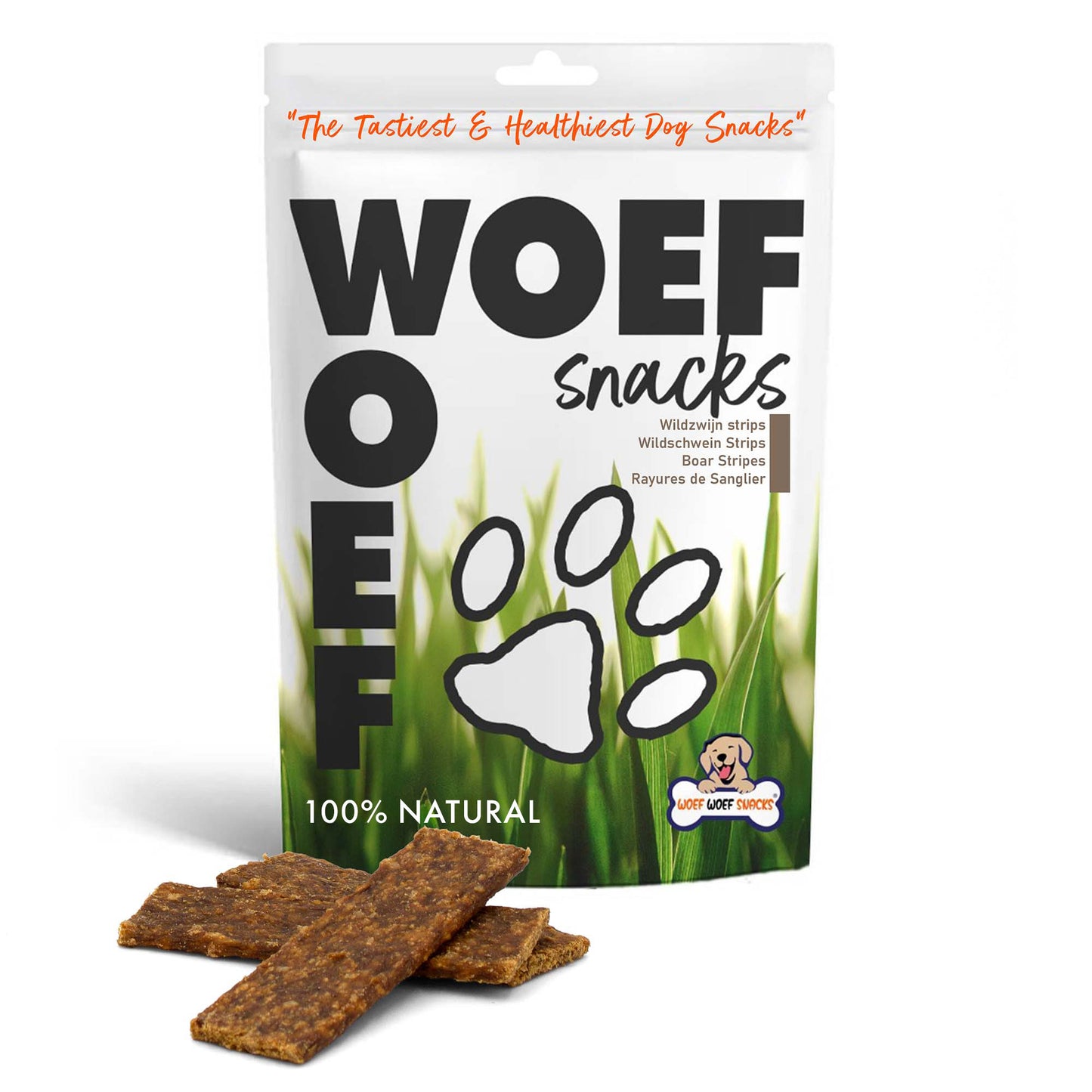 Wildzwijnstrips met op de achtergrond de verpakking van het merk Woef Woef Snacks.