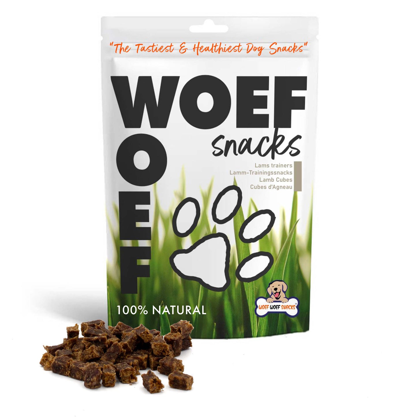 Lams trainers met verpakking. 100% natuurlijke hondensnacks van Woef Woef Snacks.