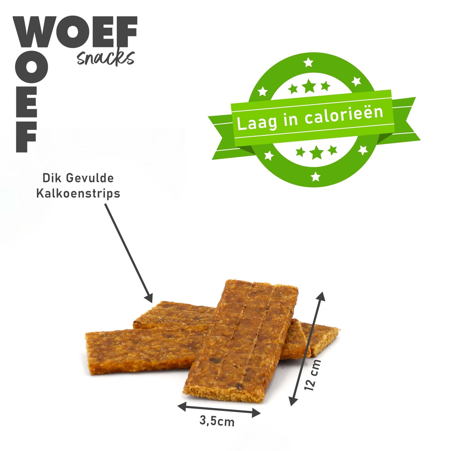 Informatie foto over kalkoenstrips. Ze zijn 12 centimeter lang en 3,5 centimeter breed. Ze zijn goed gevuld en laag in calorieen.