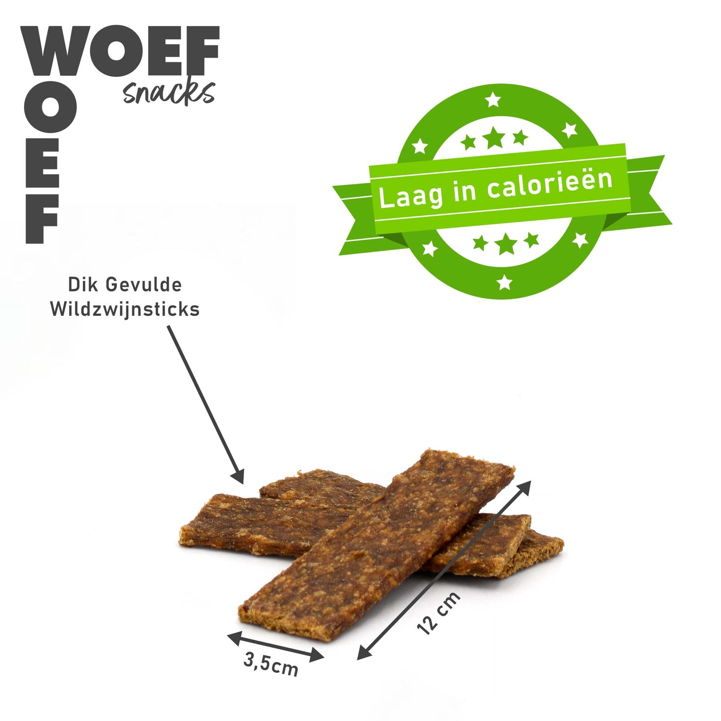 De wildzwijnstrips zijn dik gevuld. Ze zijn laat in calorieen. De lengte is 12 centimeter en de snacks is 3,5 centimeter breed.