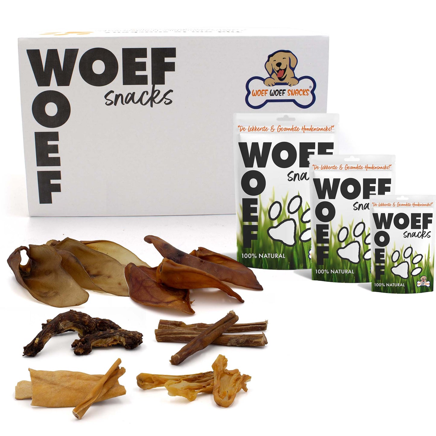 De Woef Woef Snackbox voor grote honden. De snackbox bevat 6 soorten snacks. Verder zie je in de afbeelding een aantal verpakkingen en natuurlijke hondensnacks.