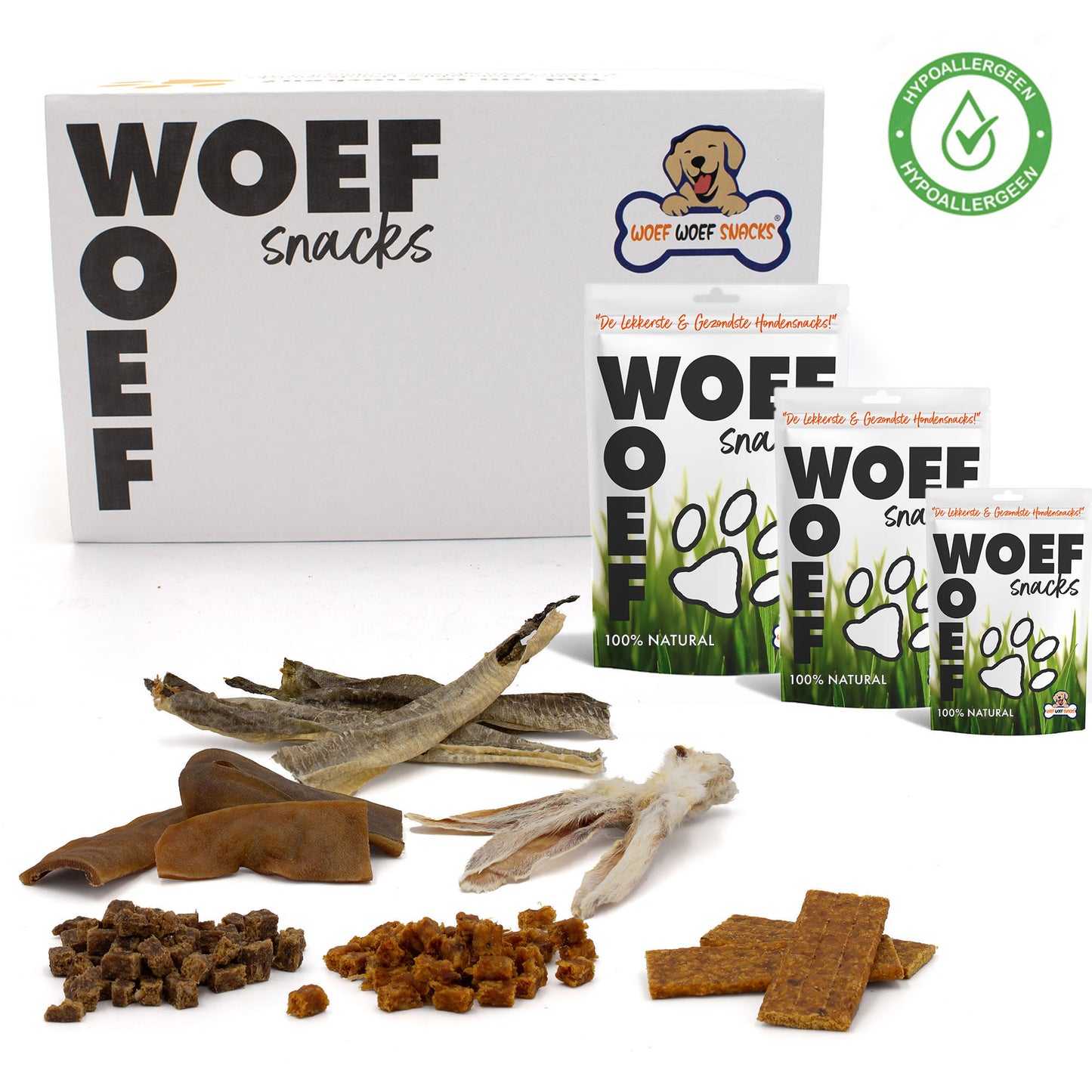 Hypoallergene snackbox van Woef Woef Snacks speciaal voor gevoelige honden. De snack doos bevat 6 verschillende soorten natuurlijke snacks.