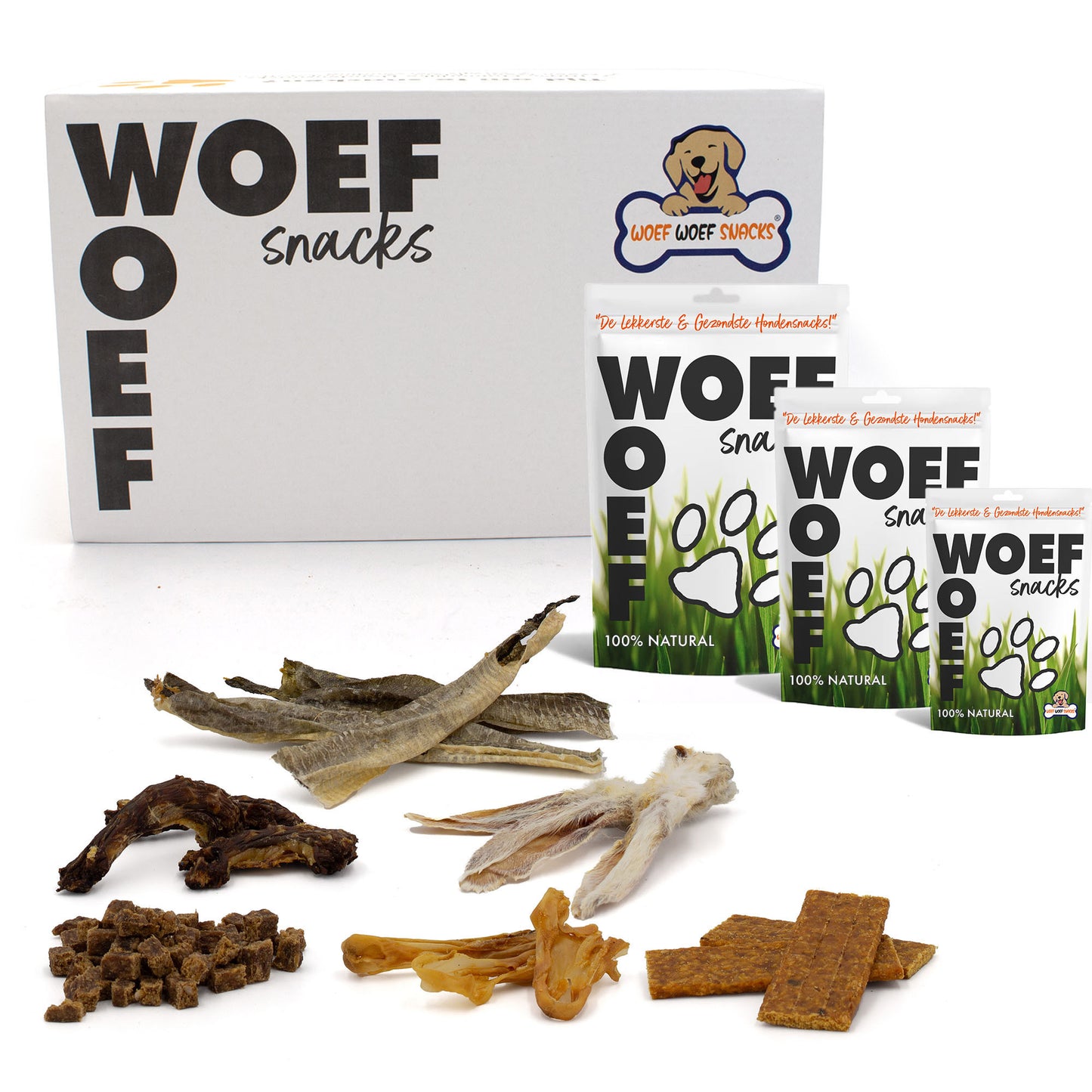 De Woef Woef Snackbox voor middelgrote honden. Het bevat 6 verschillende soorten snacks. Verder is in de afbeelding te de verpakking te zien en een aantal natuurlijke hondensnacks.