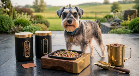 Een Schnauzer op een terras die zijn natvoer voor honden gaat eten.