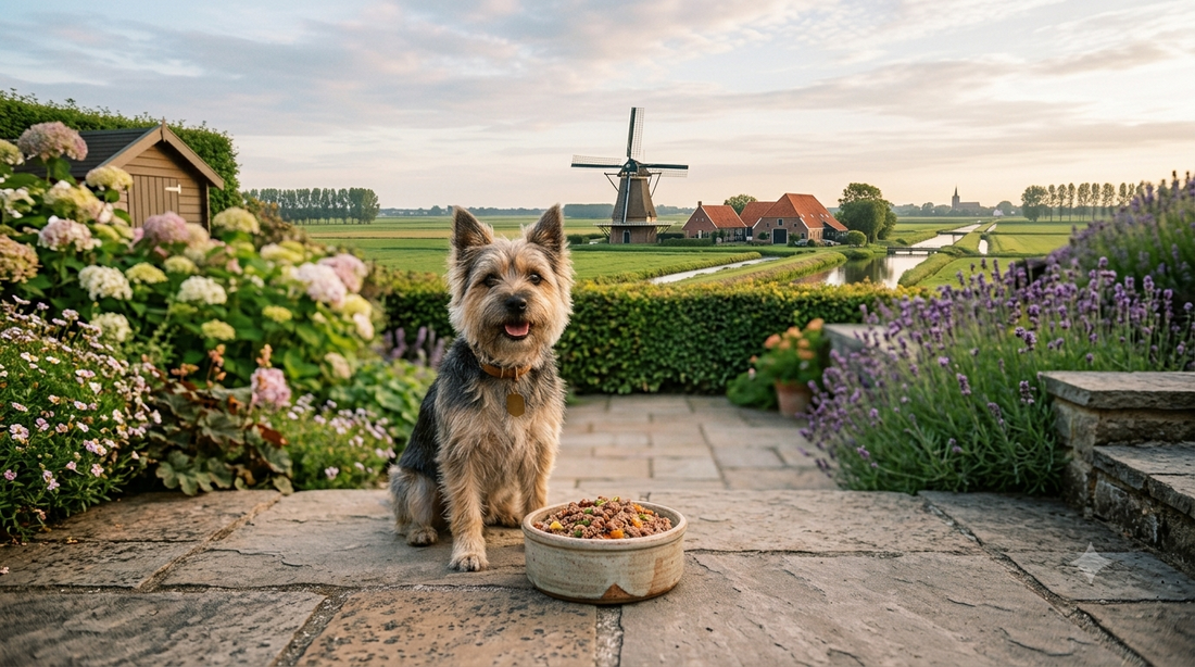 Cairn Terriër die natvoer krijgt voor honden