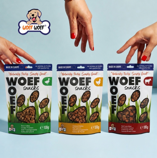 Drie zakken van Hypoallergene hondensnacks van het merk Woef Woef