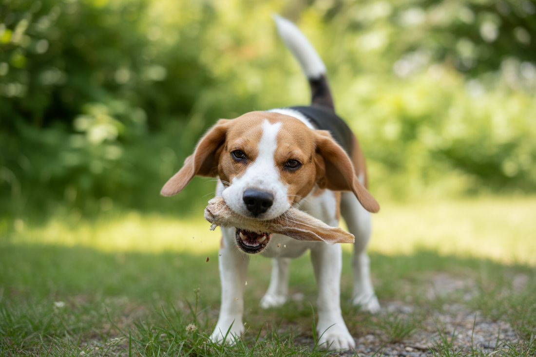 Beagle kauwt genietend op een natuurlijk konijnenoor – gezonde snack voor honden van Woef Woef