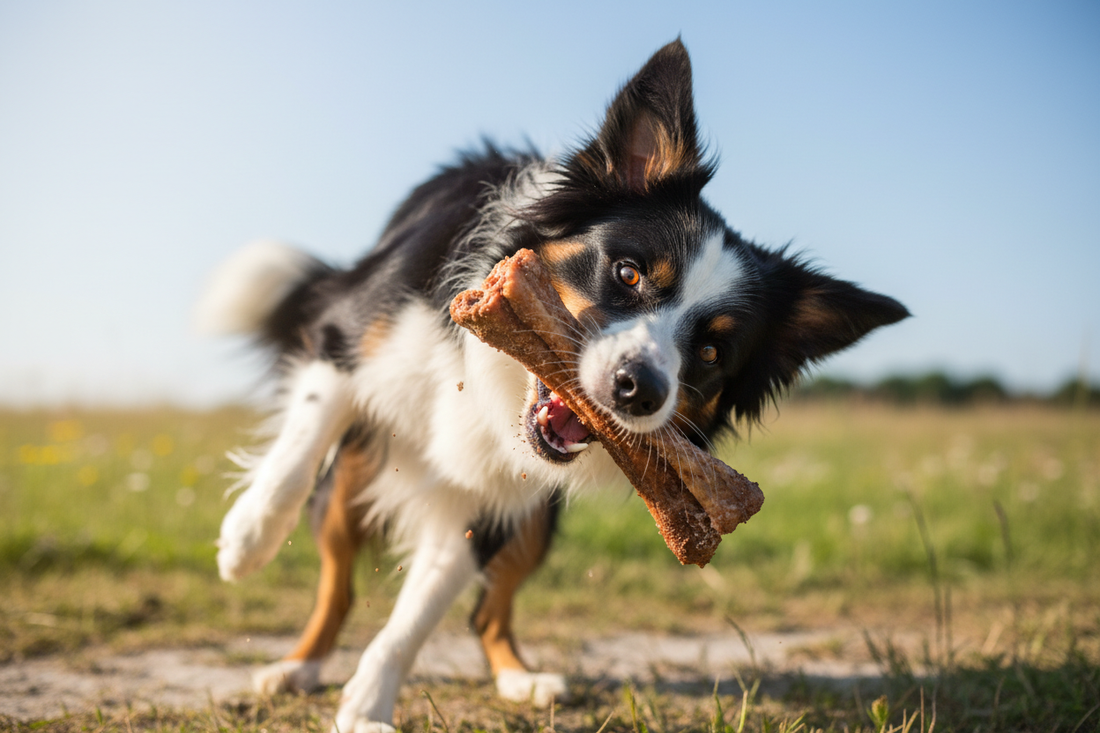 Hond kauwt speels op een natuurlijke runderbot – kauwbot voor honden van Woef Woef