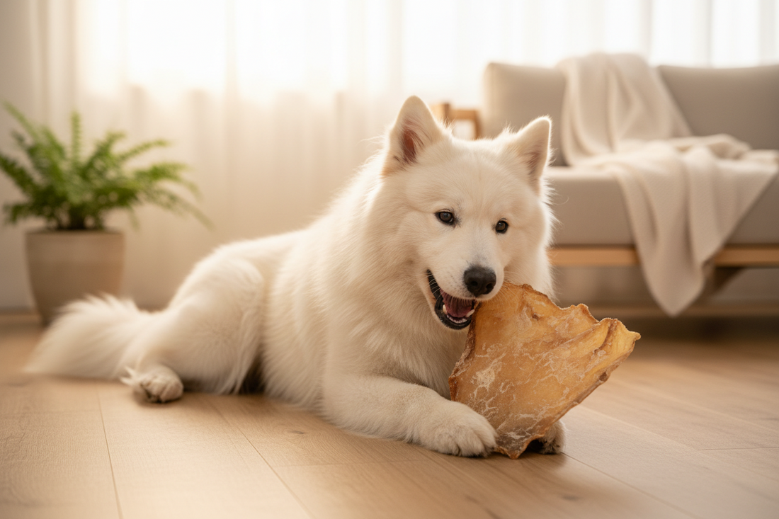 Hond kauwt genietend op een grote natuurlijke runderkophuid plaat – gezonde snack voor honden van Woef Woef