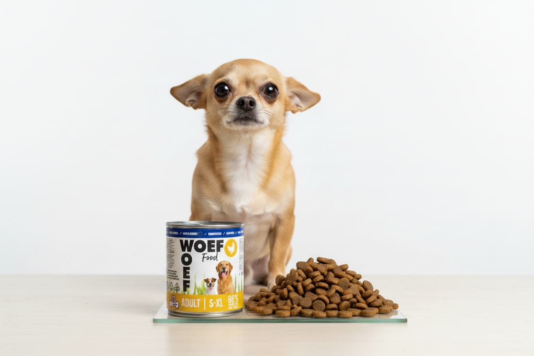 Hond kiest tussen natvoer en brokken