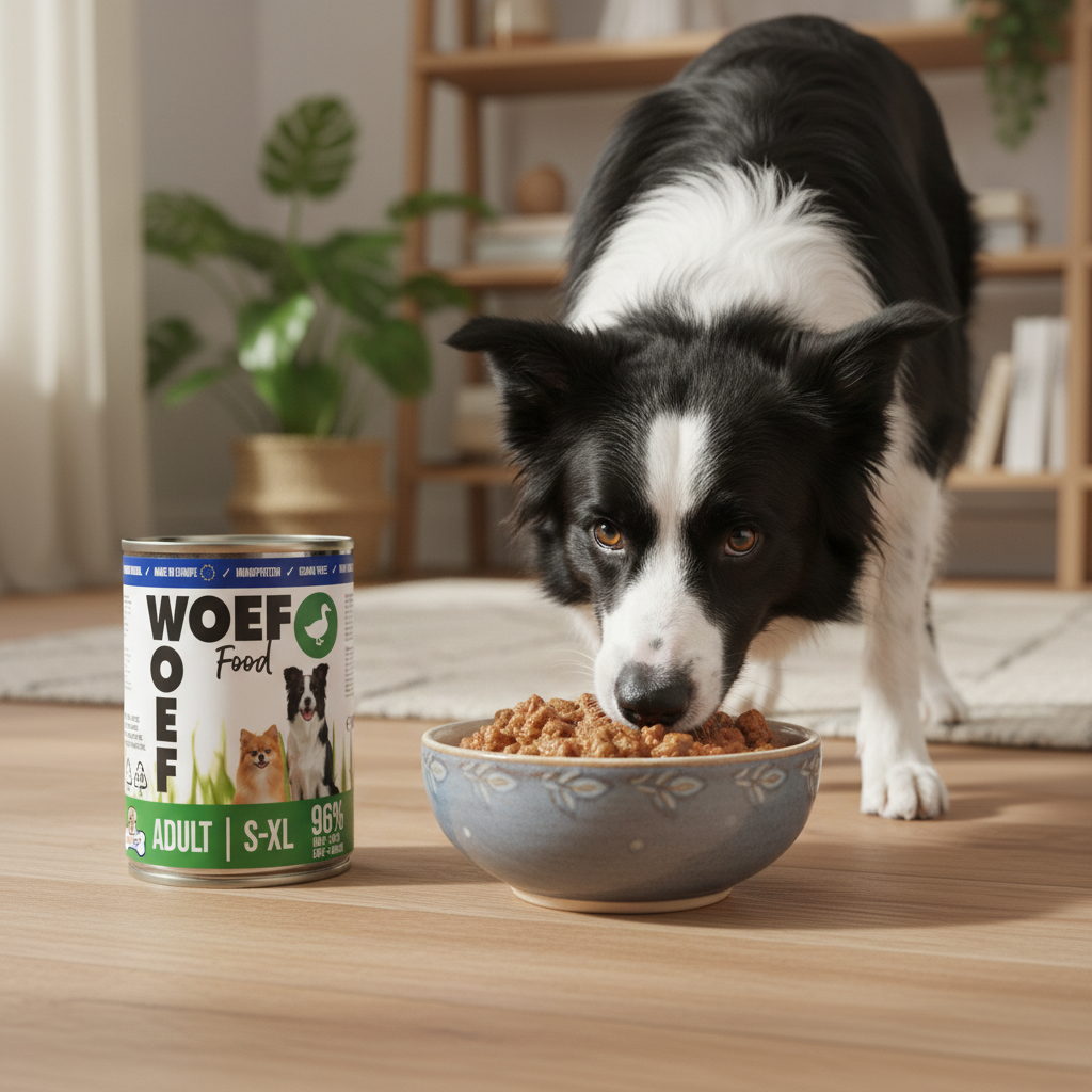 Border Collie die het Natvoer van Woef Woef eet.