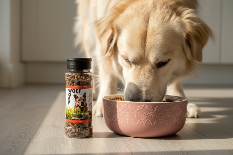 Hond die topping krijgt van Woef Woef Snacks voor over droog of natvoer