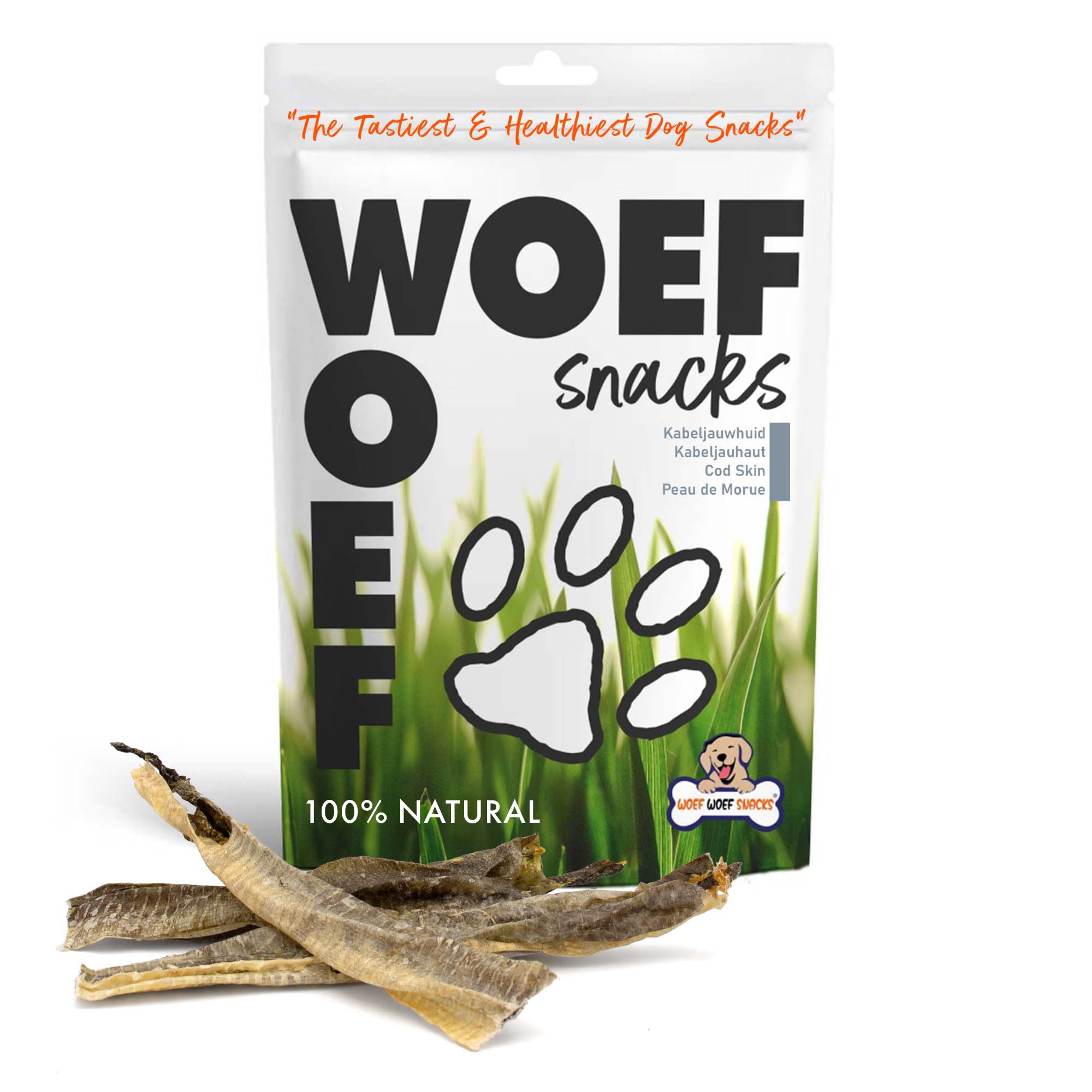 Kabeljauwhuid van Woef Woef Snacks is een 100% natuurlijke vis snack voor honden.