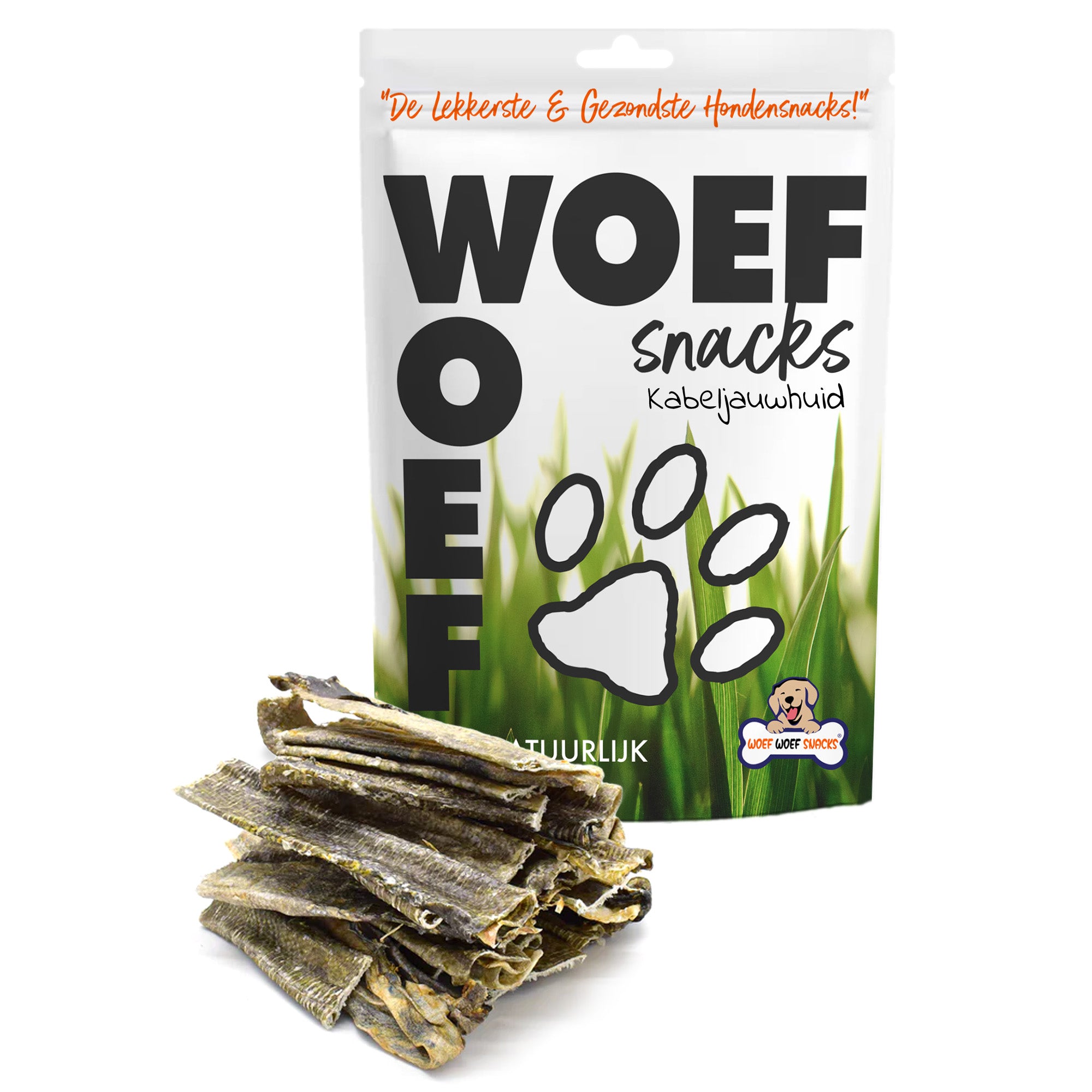 Kabeljauwhuid van Woef Woef Snacks is een 100% natuurlijke vis snack voor honden.