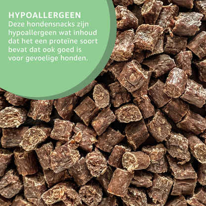 "Gedroogde Herten Trainers: Natuurlijke hondensnoepjes gemaakt van hertenvlees in gedroogde staat. Zonder toegevoegde stoffen, perfect voor trainingsbeloningen."