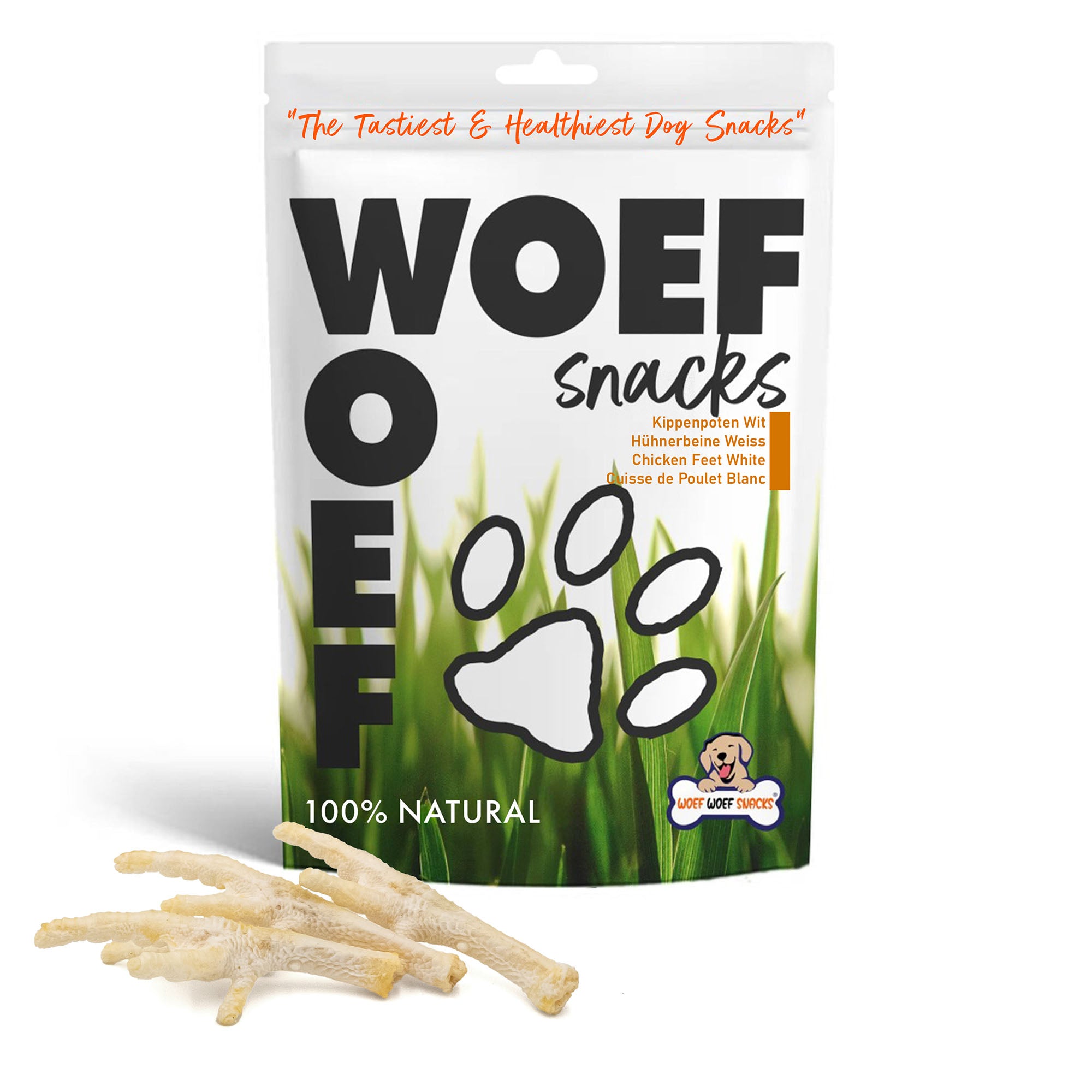 Verpakking met 100% natuurlijke witte kippenpoten als hondensnack.
