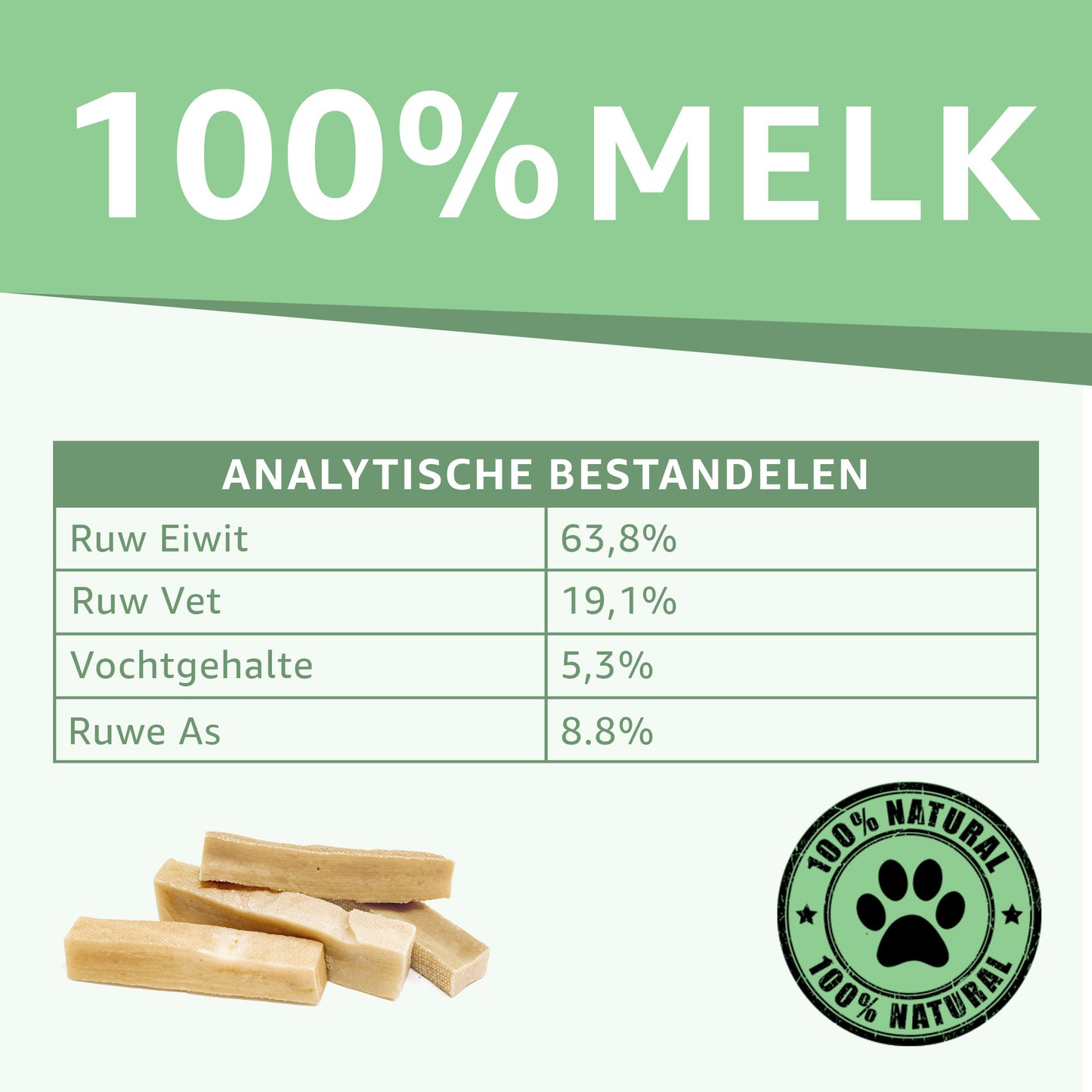 De samenstelling van de yakstaaf is 100% melk. De analystische bestandsdelen laten ook zien dat het vol met eiwitten zit.