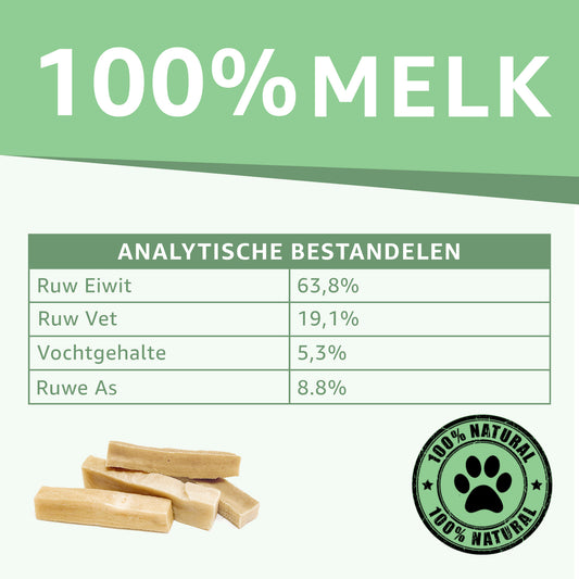 De samenstelling van de yakstaaf is 100% melk. De analystische bestandsdelen laten ook zien dat het vol met eiwitten zit.