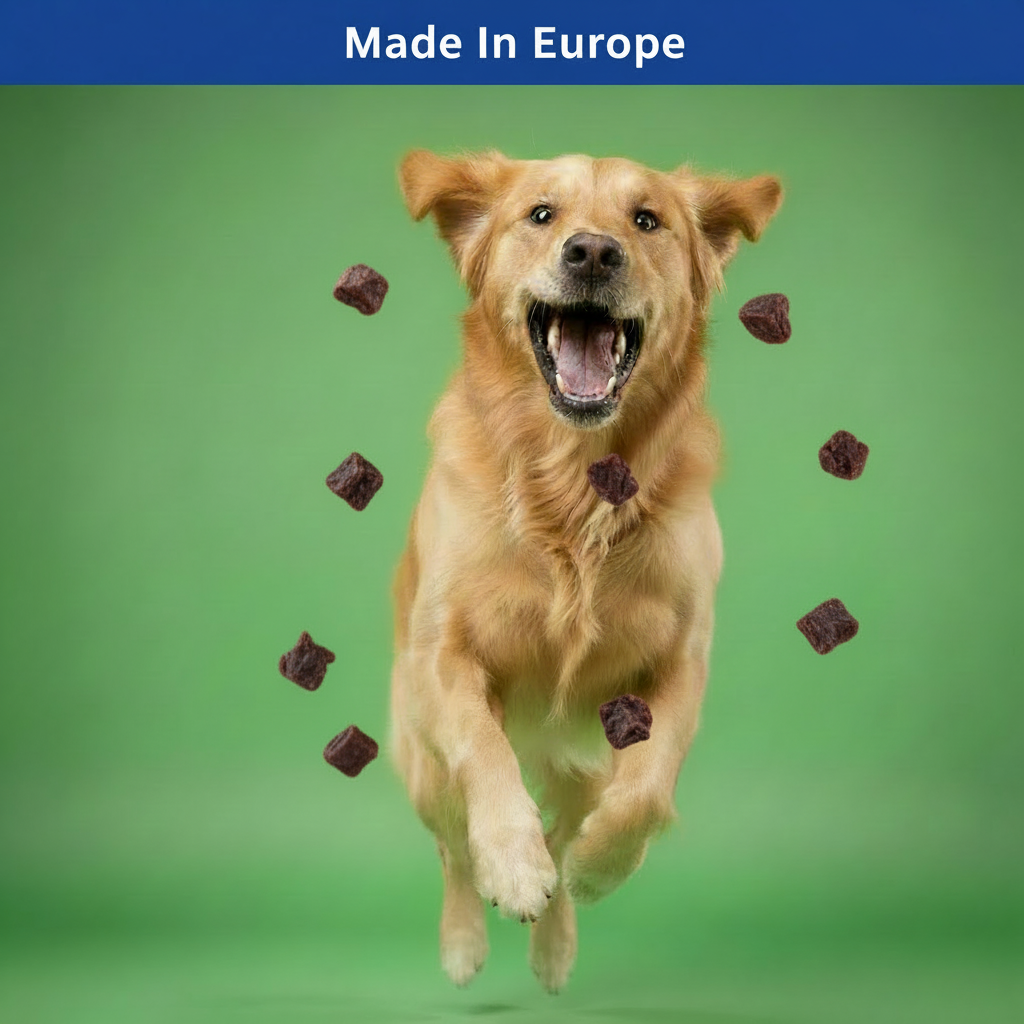 Dog catching very dark lamb treats with Made In Europe banner