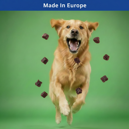 Dog catching very dark lamb treats with Made In Europe banner