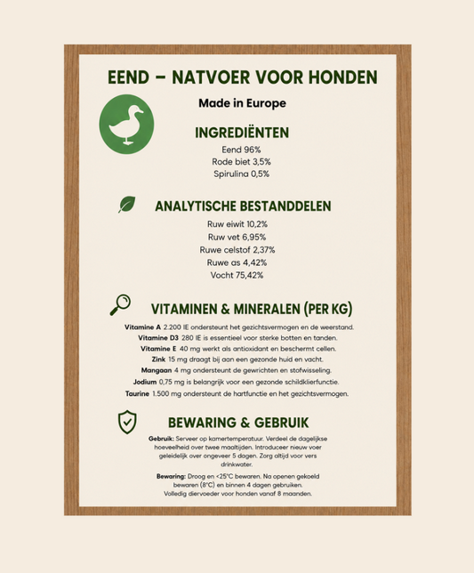 ingrediënten, analytische bestanddelen, vitaminen, mineralen, bewaring en gebruik.