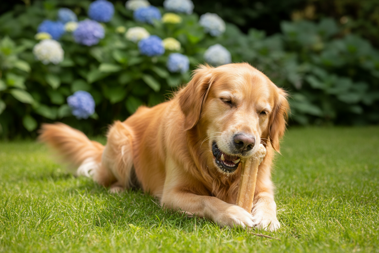 Golden retriever met yakstaaf in de tuin