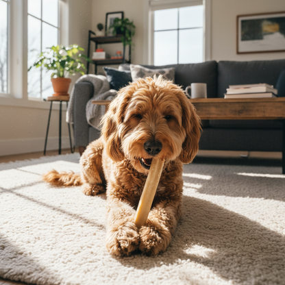 Hond kauwt op yakstaaf binnenshuis