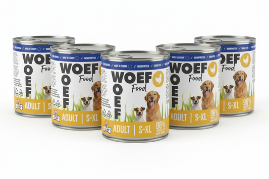 Six Woef Food cans