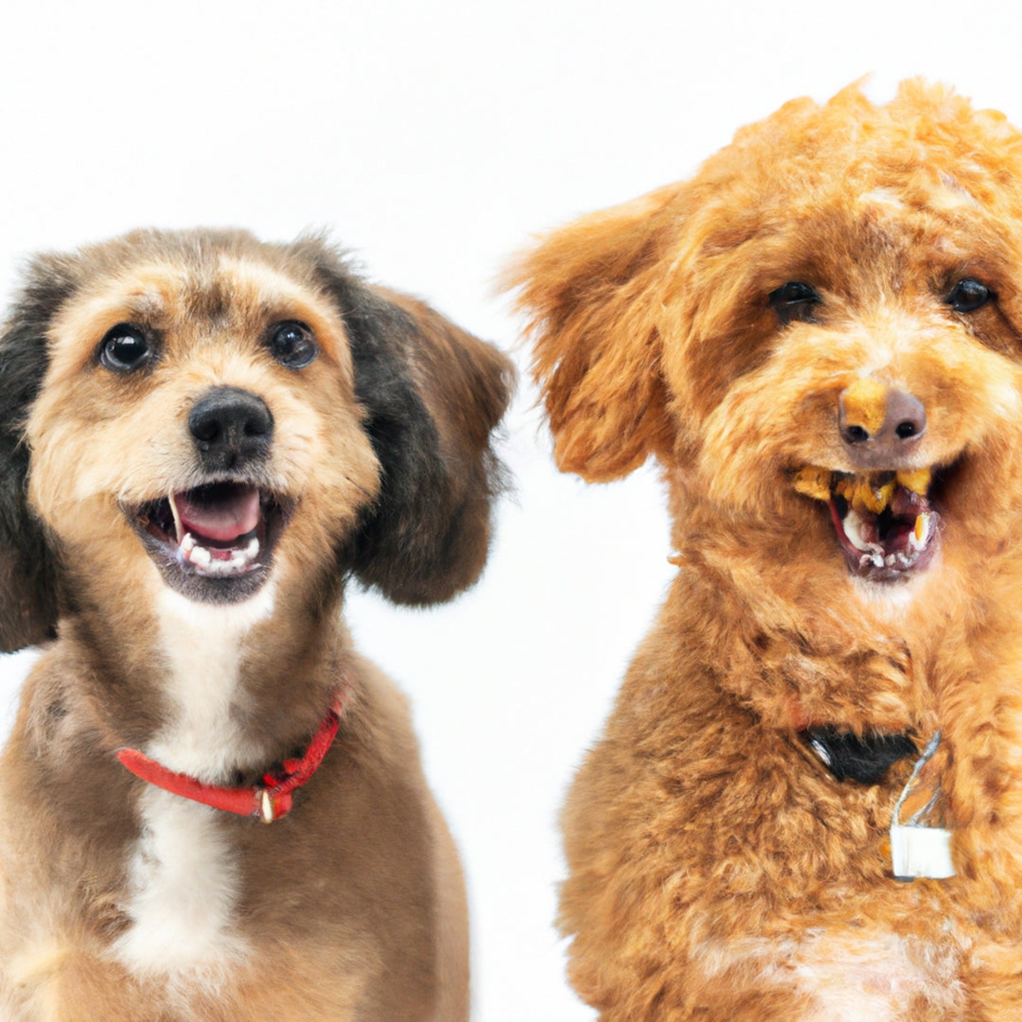 Twee middelgrote honden die blij aan het snacken zijn met hun ontvangen Woef Woef Snacks.