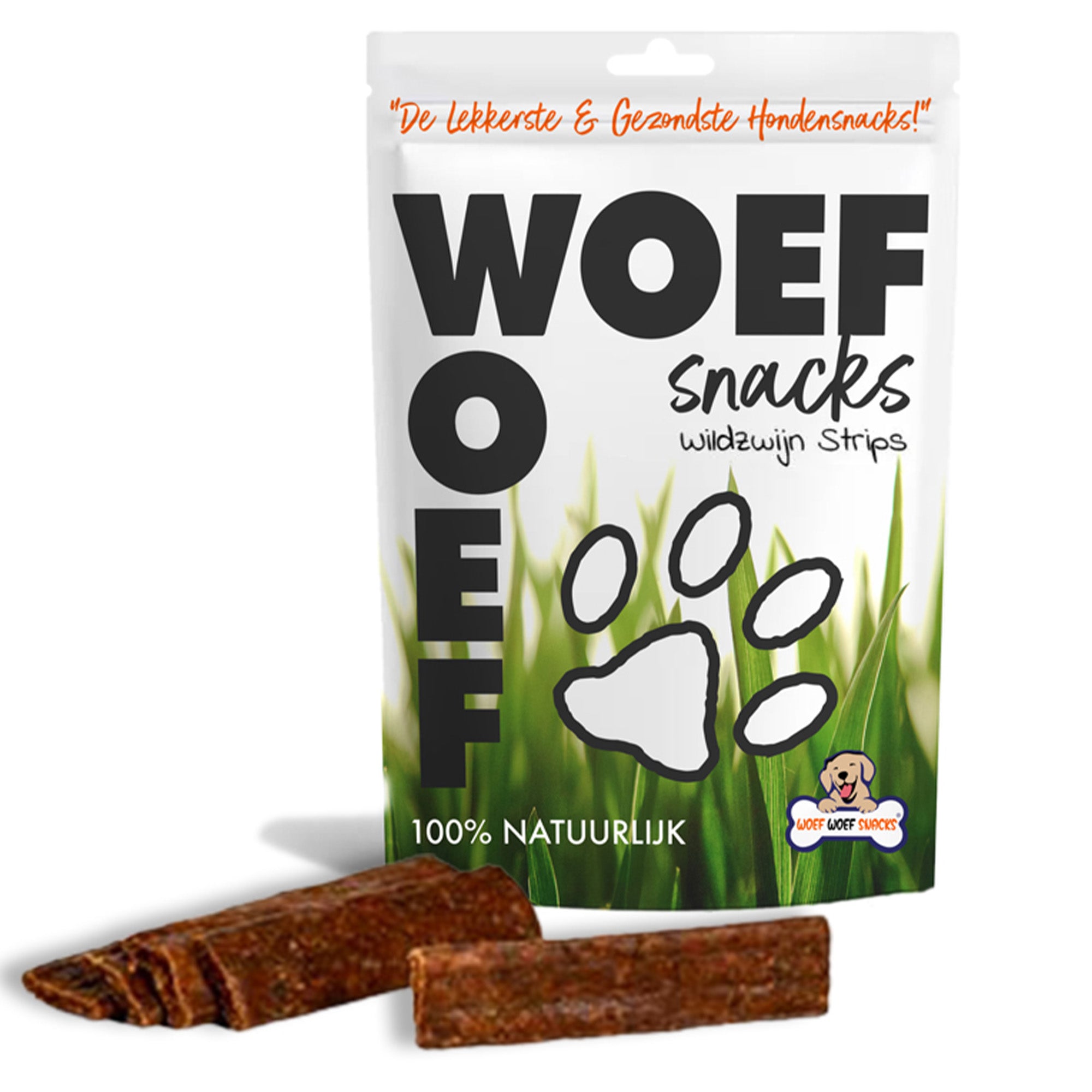 Wildzwijnstrips met op de achtergrond de verpakking van het merk Woef Woef Snacks.
